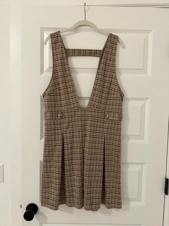 American Eagle Outfitters Brown Plaid Deep-V Pinafore Mini Dress - Picture 1 of 2